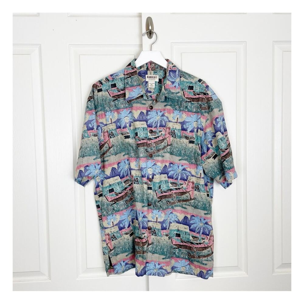 Kahala x Avi Collection Outrigger Canoe Print S/S Hawaiian Shirt Cotton Sz XL